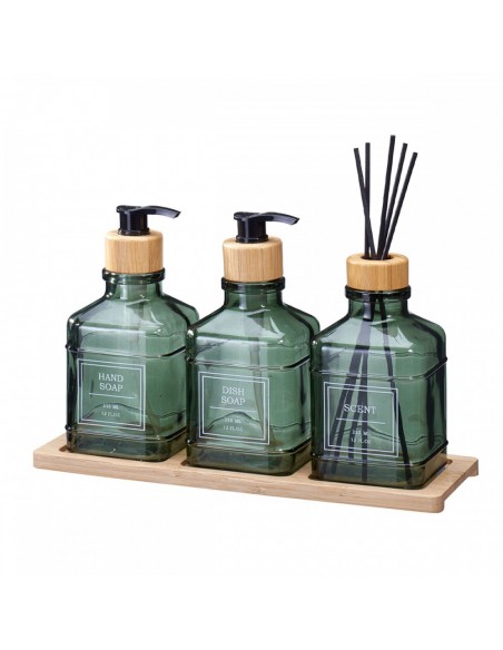 Σετ Δύο Dispenser & Αρωματικό Χώρου με Sticks Γυάλινο/Μπαμπού με δίσκο Green MRShome