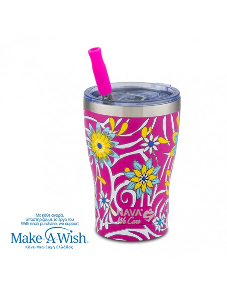 Θερμός ποτήρι με ανοξείδωτο καλαμάκι We Care. Magenta Floral 400ml NAVA