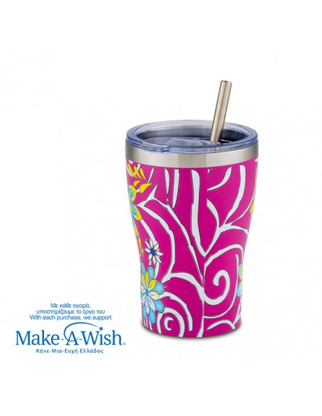 Θερμός ποτήρι με ανοξείδωτο καλαμάκι We Care. Magenta Floral 400ml NAVA