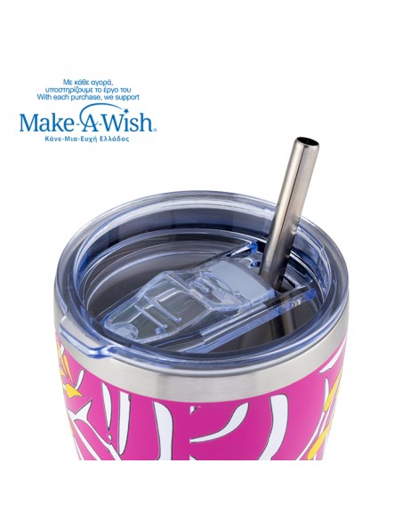 Θερμός ποτήρι με ανοξείδωτο καλαμάκι We Care. Magenta Floral 400ml NAVA