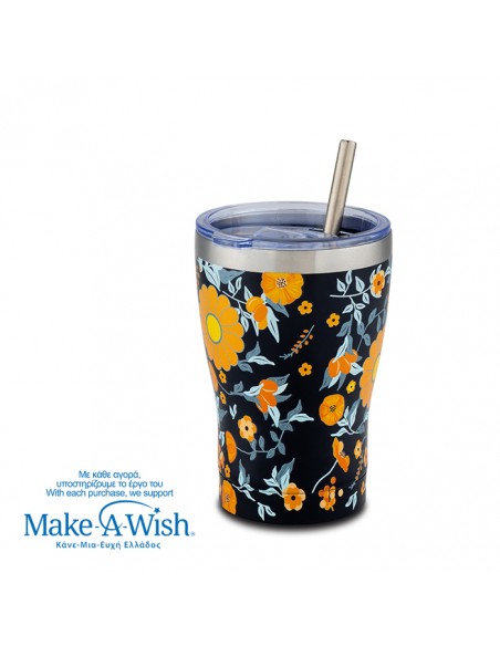 Θερμός ποτήρι με ανοξείδωτο καλαμάκι We Care. Dark Blue Floral 400ml NAVA