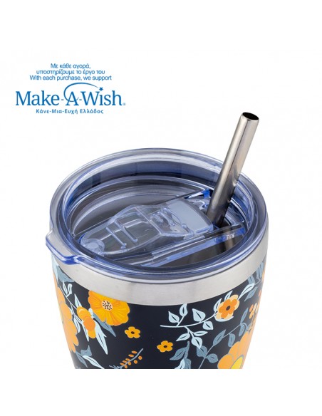Θερμός ποτήρι με ανοξείδωτο καλαμάκι We Care. Dark Blue Floral 400ml NAVA