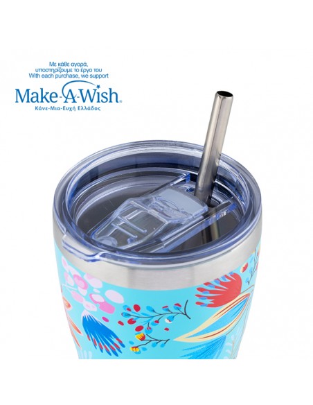 Θερμός ποτήρι με ανοξείδωτο καλαμάκι We Care. Cyan Floral 400ml NAVA