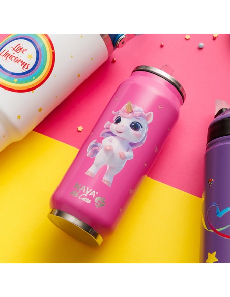 Θερμός ποτήρι με καλαμάκι από σιλικόνη We Care. Pink Unicorn 500ml NAVA