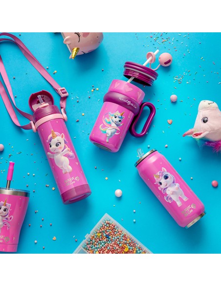 Θερμός ποτήρι με καλαμάκι από σιλικόνη We Care. Pink Unicorn 500ml NAVA