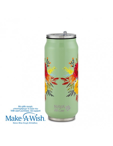 Θερμός ποτήρι με καλαμάκι από σιλικόνη We Care. Green Floral 500ml NAVA