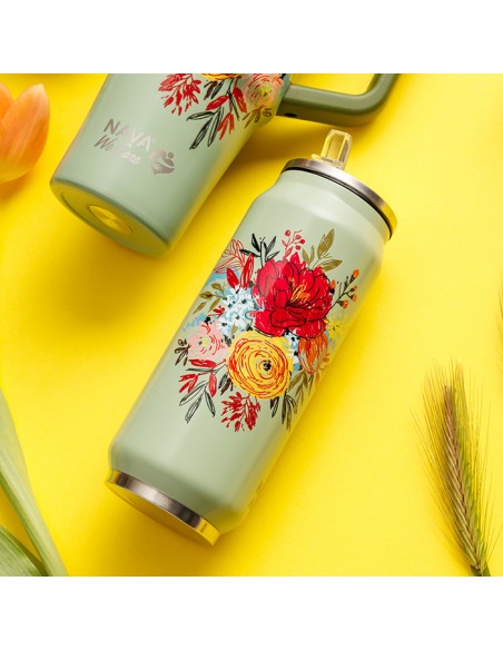 Θερμός ποτήρι με καλαμάκι από σιλικόνη We Care. Green Floral 500ml NAVA