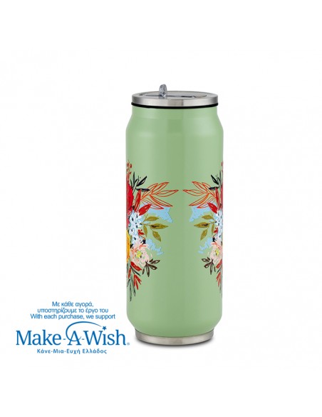 Θερμός ποτήρι με καλαμάκι από σιλικόνη We Care. Green Floral 500ml NAVA