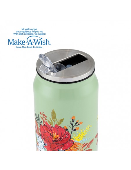 Θερμός ποτήρι με καλαμάκι από σιλικόνη We Care. Green Floral 500ml NAVA