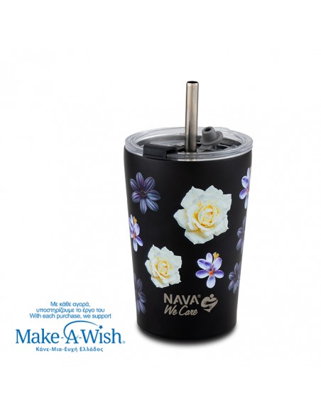 Θερμός ποτήρι με ανοξείδωτο καλαμάκι We Care. Black Floral 350ml