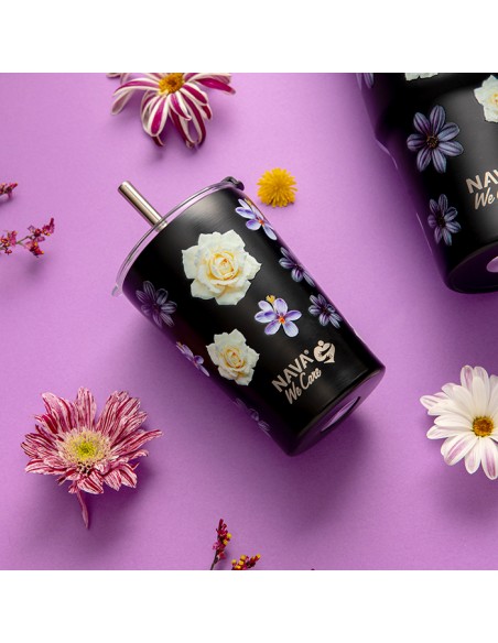 Θερμός ποτήρι με ανοξείδωτο καλαμάκι We Care. Black Floral 350ml
