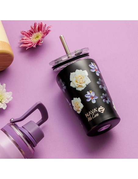 Θερμός ποτήρι με ανοξείδωτο καλαμάκι We Care. Black Floral 350ml