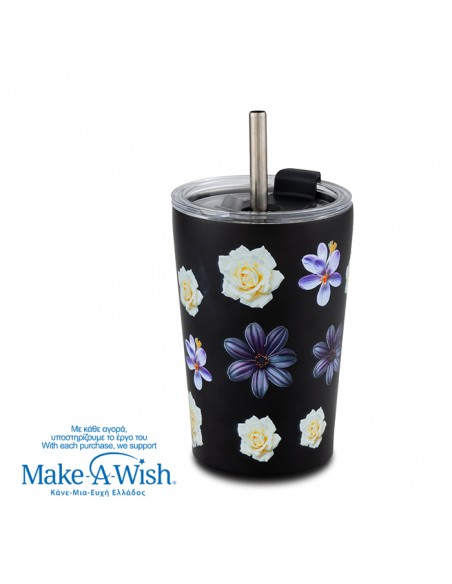 Θερμός ποτήρι με ανοξείδωτο καλαμάκι We Care. Black Floral 350ml