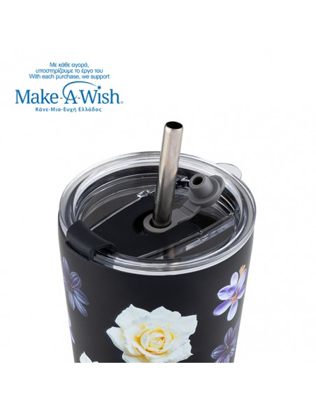 Θερμός ποτήρι με ανοξείδωτο καλαμάκι We Care. Black Floral 350ml