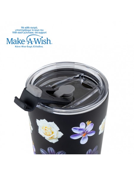 Θερμός ποτήρι με ανοξείδωτο καλαμάκι We Care. Black Floral 350ml