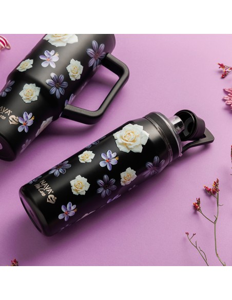 Θερμός μπουκάλι ανοξείδωτο με στόμιο We Care. Black Floral 500ml NAVA