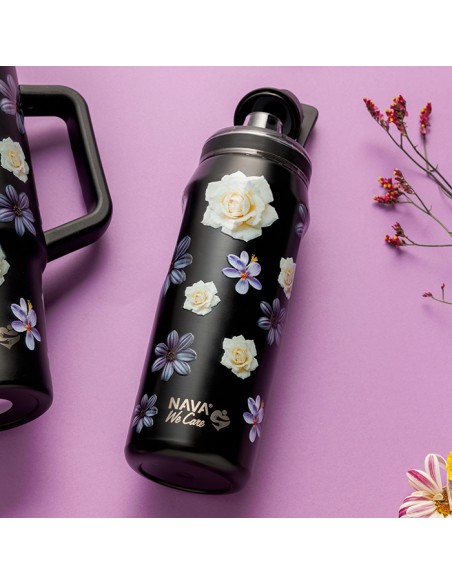 Θερμός μπουκάλι ανοξείδωτο με στόμιο We Care. Black Floral 500ml NAVA