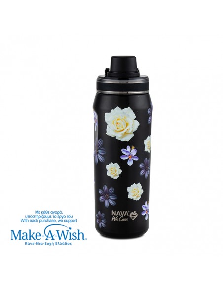 Θερμός μπουκάλι ανοξείδωτο με στόμιο We Care. Black Floral 500ml NAVA