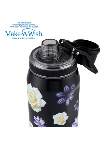 Θερμός μπουκάλι ανοξείδωτο με στόμιο We Care. Black Floral 500ml NAVA
