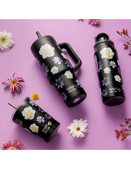Θερμός μπουκάλι ανοξείδωτο με στόμιο We Care. Black Floral 500ml NAVA