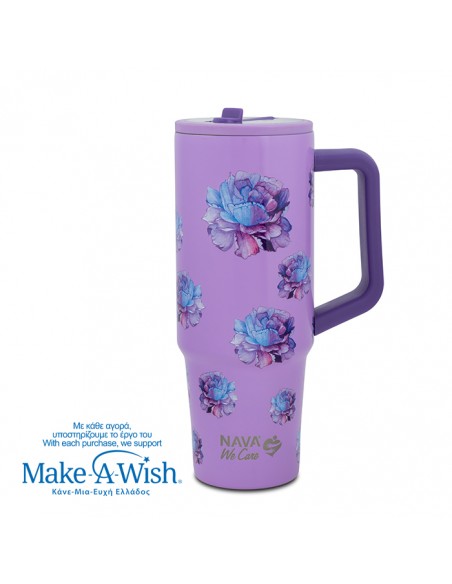 Θερμός tumbler ανοξείδωτο με πλαστικό καλαμάκι We Care. Purple Floral 900ml NAVA
