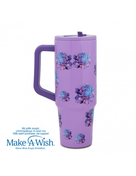 Θερμός tumbler ανοξείδωτο με πλαστικό καλαμάκι We Care. Purple Floral 900ml NAVA