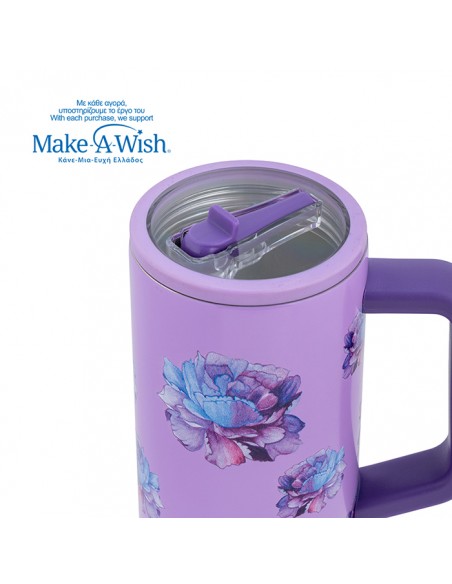 Θερμός tumbler ανοξείδωτο με πλαστικό καλαμάκι We Care. Purple Floral 900ml NAVA
