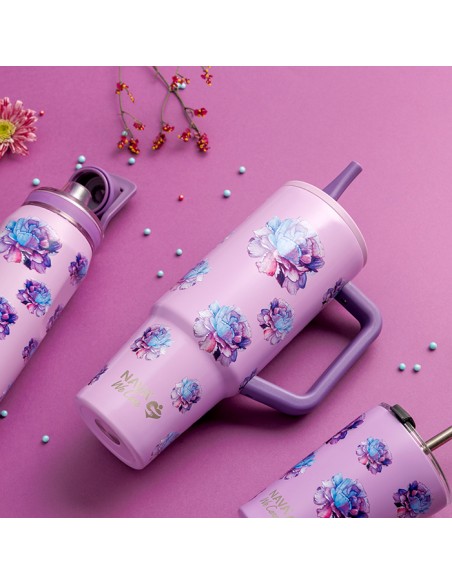 Θερμός tumbler ανοξείδωτο με πλαστικό καλαμάκι We Care. Purple Floral 900ml NAVA