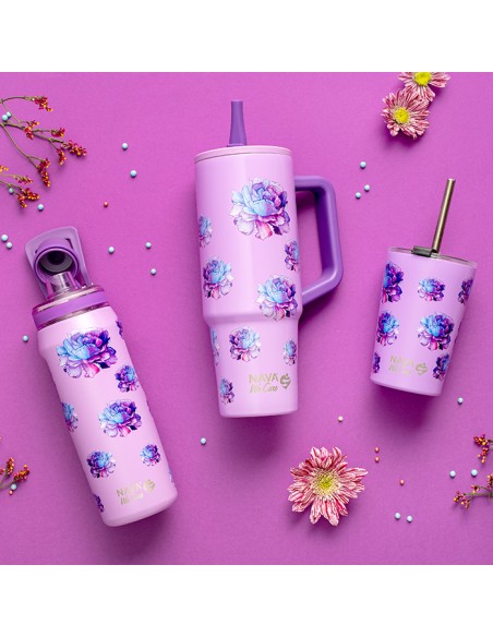 Θερμός tumbler ανοξείδωτο με πλαστικό καλαμάκι We Care. Purple Floral 900ml NAVA