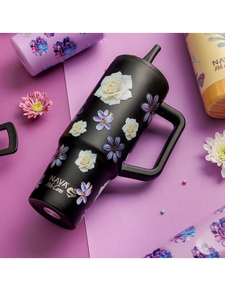 Θερμός tumbler ανοξείδωτο με πλαστικό καλαμάκι We Care. Black Floral 900ml NAVA