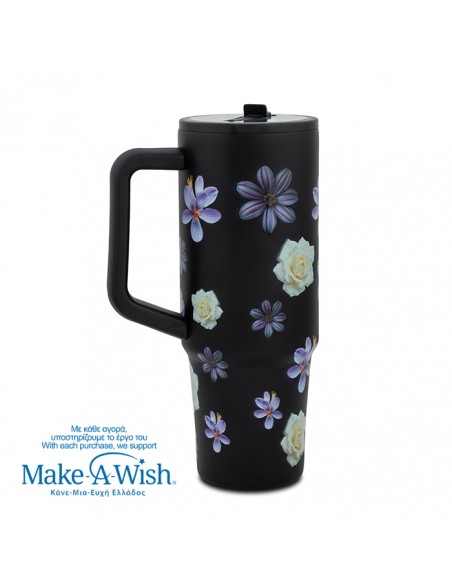 Θερμός tumbler ανοξείδωτο με πλαστικό καλαμάκι We Care. Black Floral 900ml NAVA