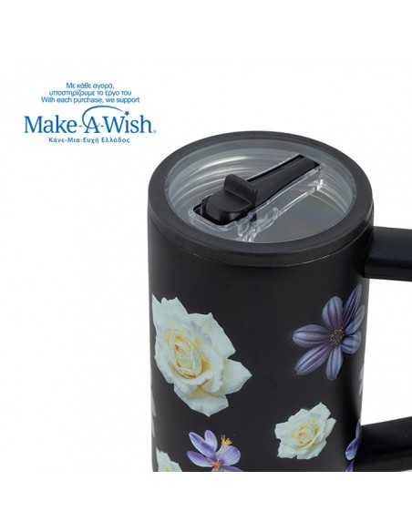 Θερμός tumbler ανοξείδωτο με πλαστικό καλαμάκι We Care. Black Floral 900ml NAVA