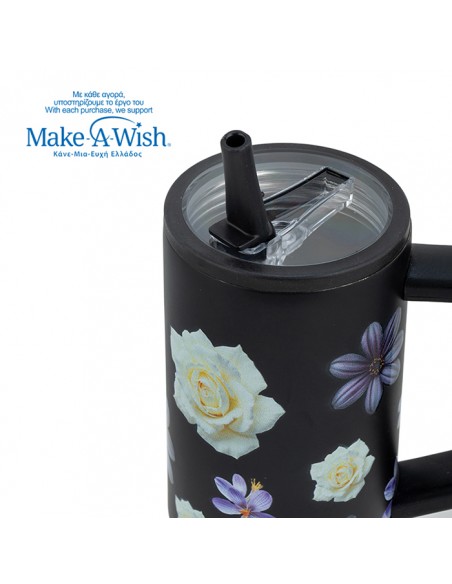 Θερμός tumbler ανοξείδωτο με πλαστικό καλαμάκι We Care. Black Floral 900ml NAVA