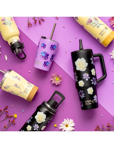 Θερμός tumbler ανοξείδωτο με πλαστικό καλαμάκι We Care. Black Floral 900ml NAVA