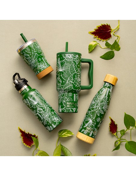Θερμός tumbler ανοξείδωτο με πλαστικό καλαμάκι We Care. Sketch Floral 900ml NAVA