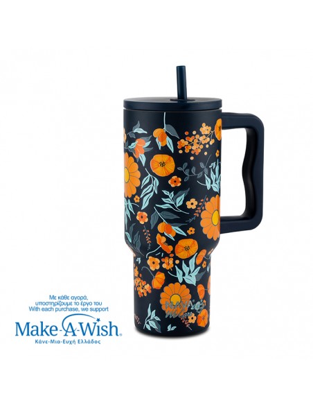 Θερμός tumbler ανοξείδωτο με πλαστικό καλαμάκι We Care. Dark Blue Floral 900ml NAVA
