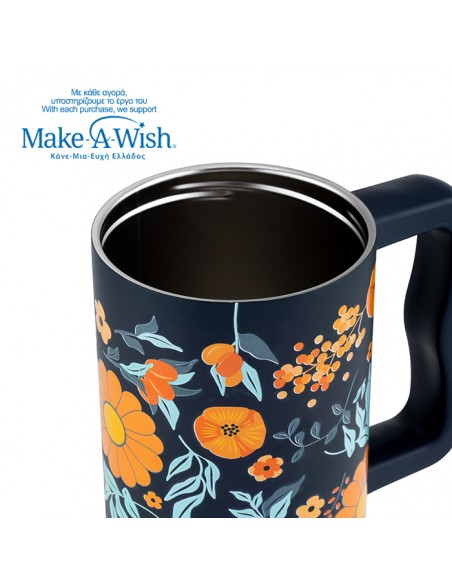 Θερμός tumbler ανοξείδωτο με πλαστικό καλαμάκι We Care. Dark Blue Floral 900ml NAVA