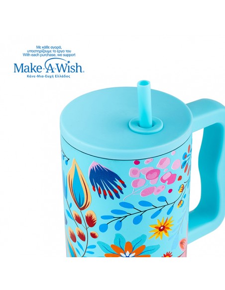 Θερμός tumbler ανοξείδωτο με πλαστικό καλαμάκι We Care. Cyan Floral 900ml NAVA