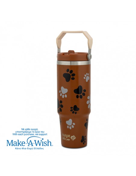 Θερμός tumbler ανοξείδωτο με καλαμάκι We Care. Paw Prints 900ml NAVA