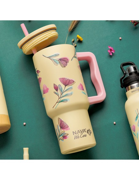 Θερμός tumbler ανοξείδωτο με πλαστικό καλαμάκι We Care. Cream Floral 900ml NAVA