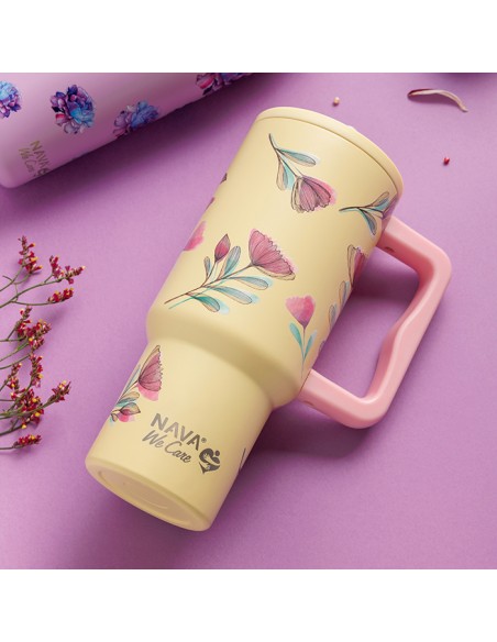 Θερμός tumbler ανοξείδωτο με πλαστικό καλαμάκι We Care. Cream Floral 900ml NAVA