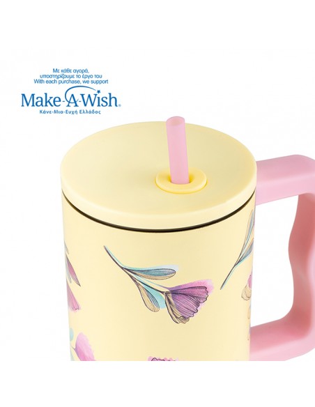 Θερμός tumbler ανοξείδωτο με πλαστικό καλαμάκι We Care. Cream Floral 900ml NAVA