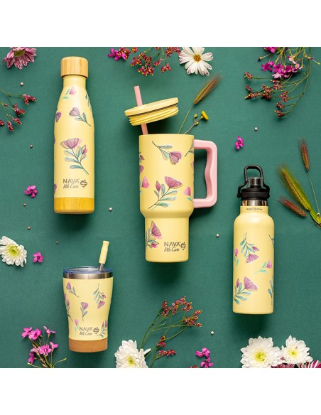 Θερμός tumbler ανοξείδωτο με πλαστικό καλαμάκι We Care. Cream Floral 900ml NAVA