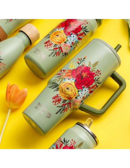 Θερμός tumbler ανοξείδωτο με πλαστικό καλαμάκι We Care. Green Floral 900ml NAVA