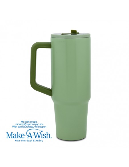 Θερμός tumbler ανοξείδωτο με πλαστικό καλαμάκι We Care. Green Floral 900ml NAVA
