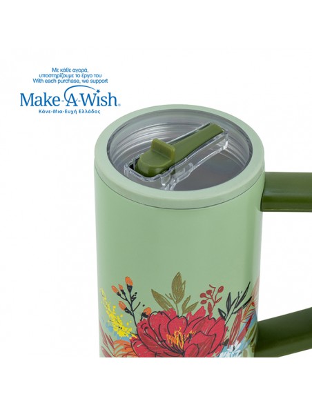 Θερμός tumbler ανοξείδωτο με πλαστικό καλαμάκι We Care. Green Floral 900ml NAVA
