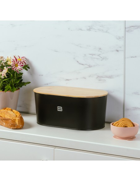 Ψωμιέρα μεταλλική με καπάκι από bamboo total black 36cm NAVA