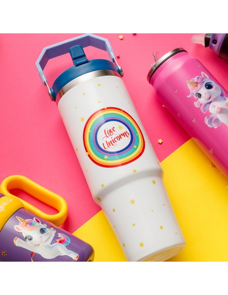 Θερμός tumbler ανοξείδωτο με καλαμάκι We Care. White Unicorn 900ml NAVA