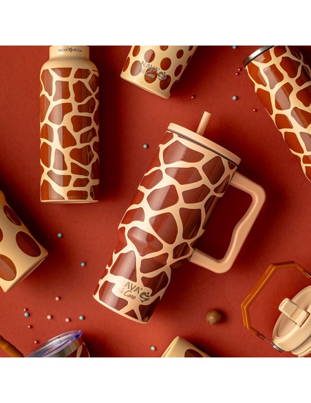 Θερμός tumbler ανοξείδωτο με πλαστικό καλαμάκι We Care. Giraffe Print 900ml NAVA