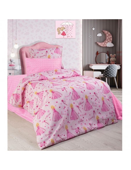 Σεντόνια Εμπριμέ Μονά 160x240 (Σετ 3 Τεμ) Dimcol Kids Princess 392 Pink